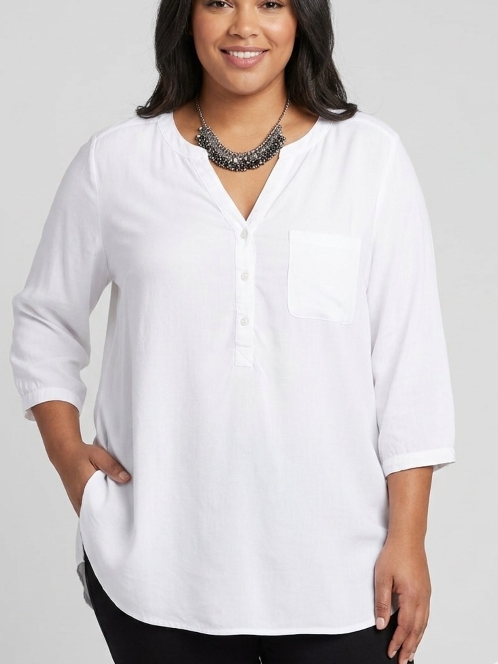 PENNINGTONS White Button Front Loose Shirt with Pattern and Solid Print 1X